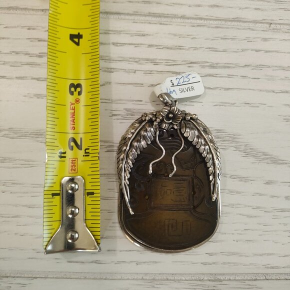 Semi Translucent Asian Carved Jade and Sterling Silver Pendant Charm 66g - Picture 3 of 8